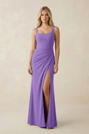 Square Neck Ruched Sheath Satin Bridesmaid Dress in Lilac - KissProm Bridesmaid Dresses