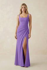 Square Neck Ruched Sheath Satin Bridesmaid Dress in Lilac - KissProm Bridesmaid Dresses