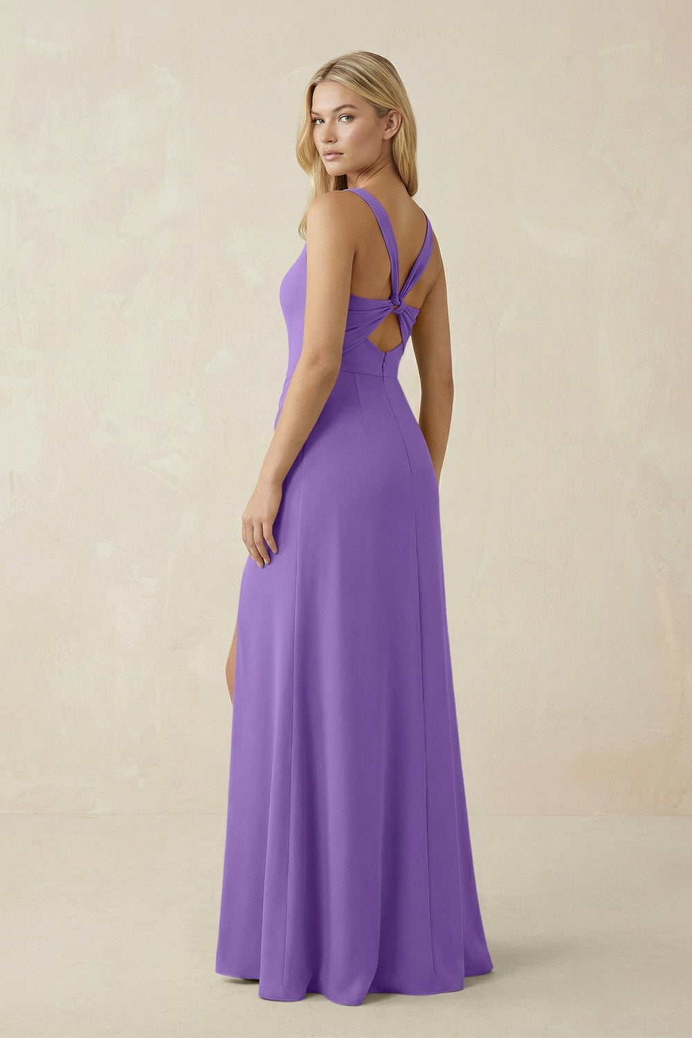 Square Neck Ruched Sheath Satin Bridesmaid Dress in Lilac - KissProm Bridesmaid Dresses