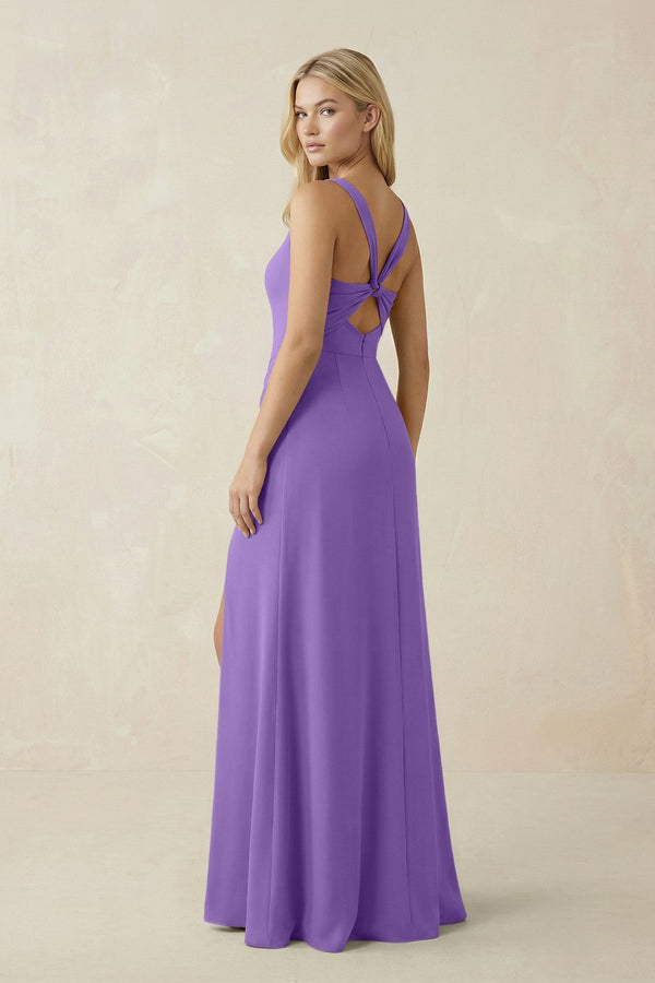 Square Neck Ruched Sheath Satin Bridesmaid Dress in Lilac - KissProm Bridesmaid Dresses