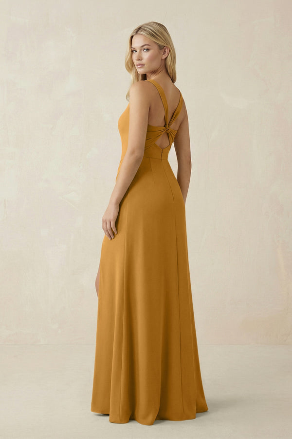 Square Neck Ruched Sheath Satin Bridesmaid Dress in Marigold - KissProm Bridesmaid Dresses