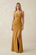 Square Neck Ruched Sheath Satin Bridesmaid Dress in Marigold - KissProm Bridesmaid Dresses
