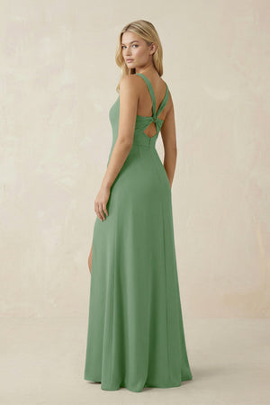 Square Neck Ruched Sheath Satin Bridesmaid Dress in Matcha - KissProm Bridesmaid Dresses