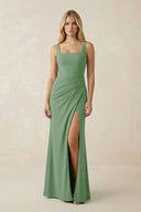 Square Neck Ruched Sheath Satin Bridesmaid Dress in Matcha - KissProm Bridesmaid Dresses