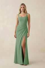 Square Neck Ruched Sheath Satin Bridesmaid Dress in Matcha - KissProm Bridesmaid Dresses