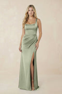 Square Neck Ruched Sheath Satin Bridesmaid Dress in Matcha - KissProm Bridesmaid Dresses