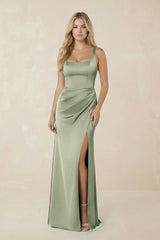 Square Neck Ruched Sheath Satin Bridesmaid Dress in Matcha - KissProm Bridesmaid Dresses