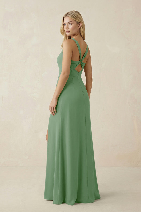 Square Neck Ruched Sheath Satin Bridesmaid Dress in Matcha - KissProm Bridesmaid Dresses