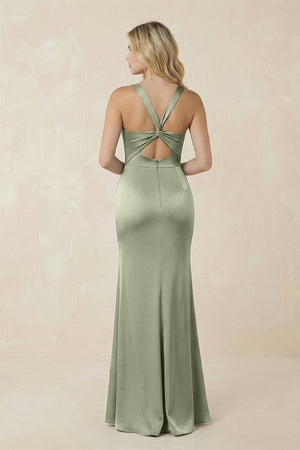 Square Neck Ruched Sheath Satin Bridesmaid Dress in Matcha - KissProm Bridesmaid Dresses