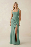 Square Neck Ruched Sheath Satin Bridesmaid Dress in Mint Green - KissProm Bridesmaid Dresses
