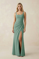 Square Neck Ruched Sheath Satin Bridesmaid Dress in Mint Green - KissProm Bridesmaid Dresses