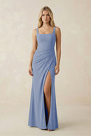 Square Neck Ruched Sheath Satin Bridesmaid Dress in Mist - KissProm Bridesmaid Dresses