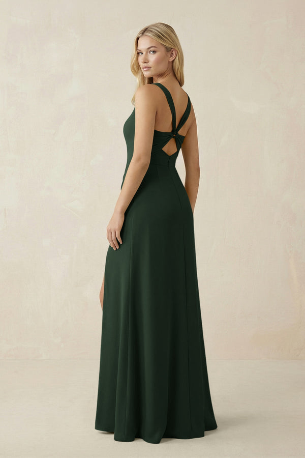 Square Neck Ruched Sheath Satin Bridesmaid Dress in Moss - KissProm Bridesmaid Dresses