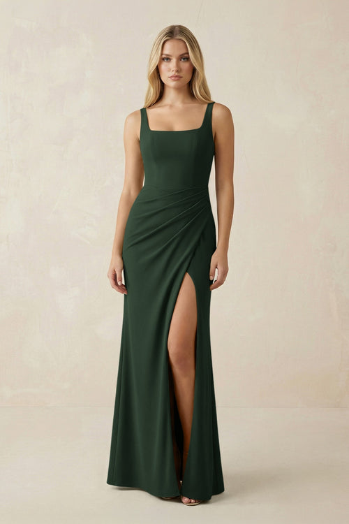 Square Neck Ruched Sheath Satin Bridesmaid Dress in Moss - KissProm Bridesmaid Dresses