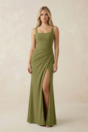 Square Neck Ruched Sheath Satin Bridesmaid Dress in Moss Green - KissProm Bridesmaid Dresses