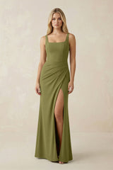 Square Neck Ruched Sheath Satin Bridesmaid Dress in Moss Green - KissProm Bridesmaid Dresses