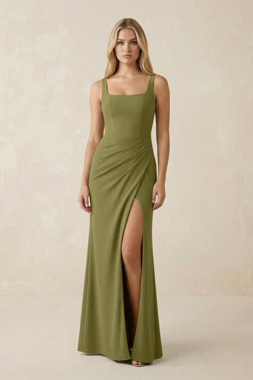 Square Neck Ruched Sheath Satin Bridesmaid Dress in Moss Green - KissProm Bridesmaid Dresses