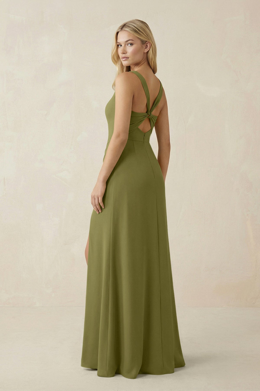 Square Neck Ruched Sheath Satin Bridesmaid Dress in Moss Green - KissProm Bridesmaid Dresses