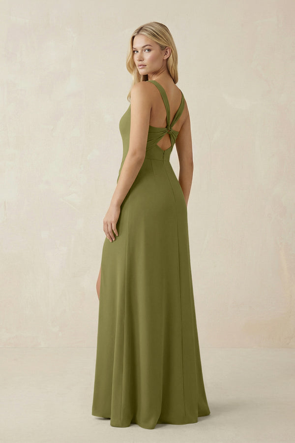 Square Neck Ruched Sheath Satin Bridesmaid Dress in Moss Green - KissProm Bridesmaid Dresses