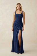 Square Neck Ruched Sheath Satin Bridesmaid Dress in Navy - KissProm Bridesmaid Dresses