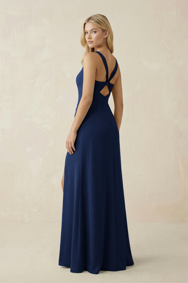 Square Neck Ruched Sheath Satin Bridesmaid Dress in Navy - KissProm Bridesmaid Dresses