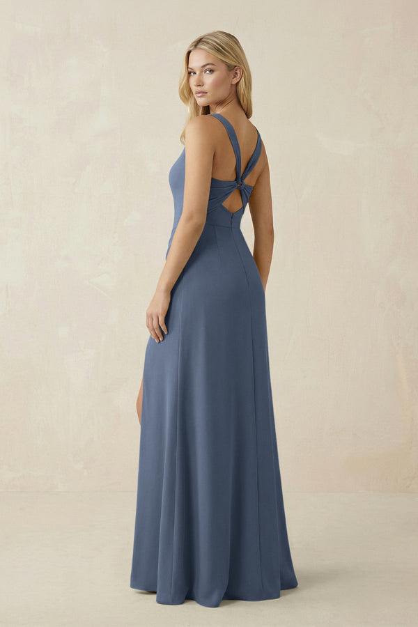 Square Neck Ruched Sheath Satin Bridesmaid Dress in Neptune - KissProm Bridesmaid Dresses