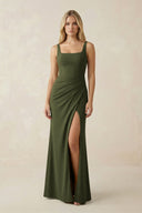 Square Neck Ruched Sheath Satin Bridesmaid Dress in Olive - KissProm Bridesmaid Dresses