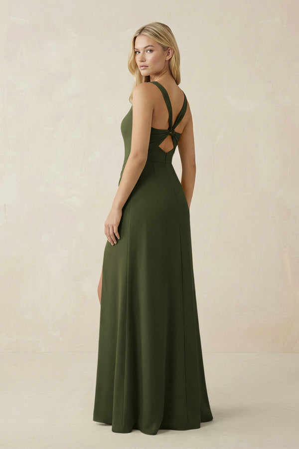Square Neck Ruched Sheath Satin Bridesmaid Dress in Olive - KissProm Bridesmaid Dresses