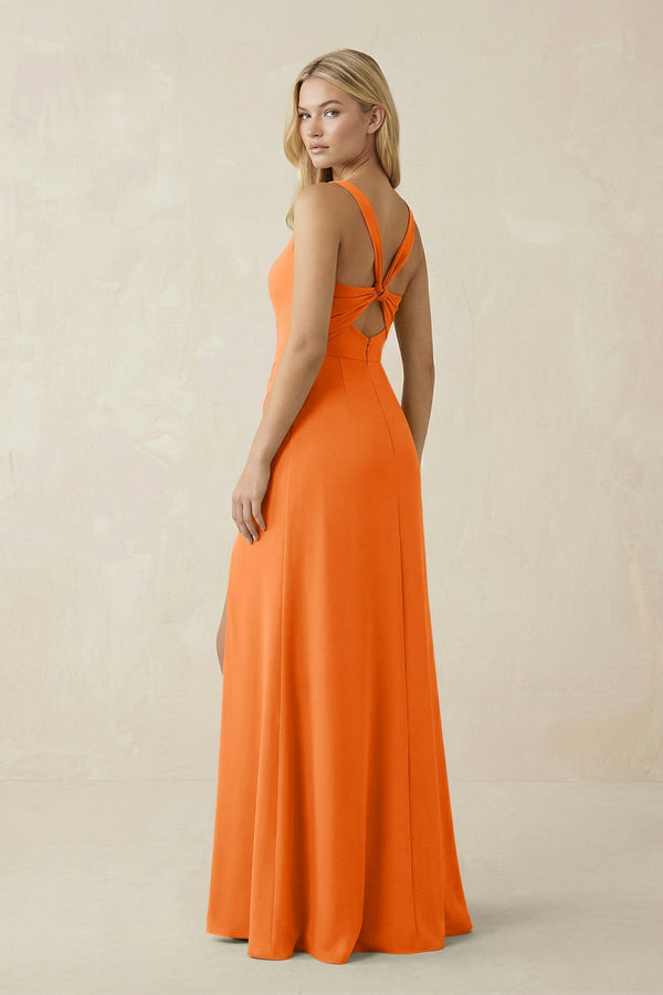 Square Neck Ruched Sheath Satin Bridesmaid Dress in Orange - KissProm Bridesmaid Dresses