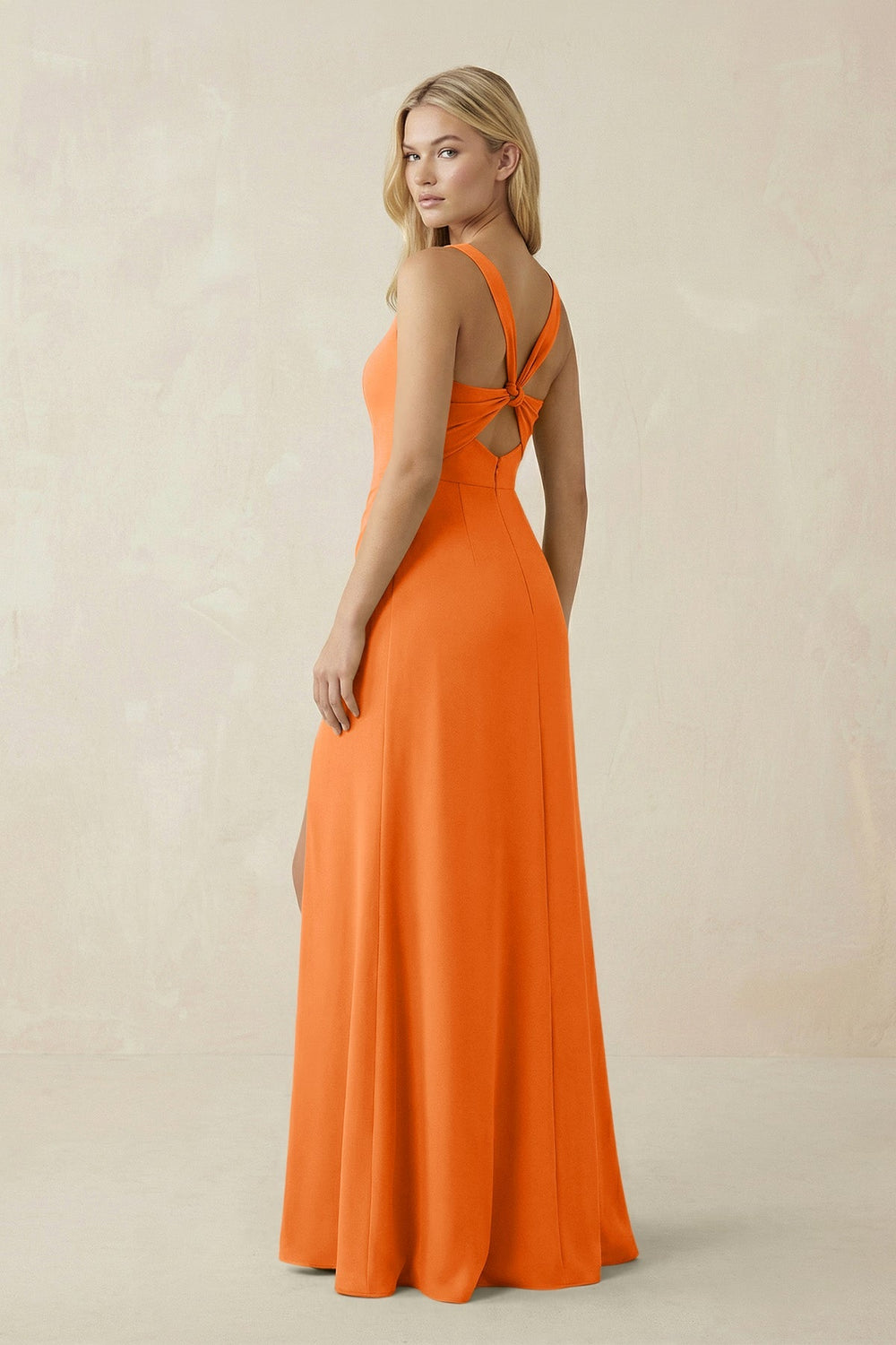 Square Neck Ruched Sheath Satin Bridesmaid Dress in Orange - KissProm Bridesmaid Dresses
