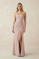Square Neck Ruched Sheath Satin Bridesmaid Dress in Pale Blush - KissProm Bridesmaid Dresses