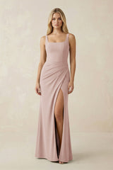 Square Neck Ruched Sheath Satin Bridesmaid Dress in Pale Blush - KissProm Bridesmaid Dresses