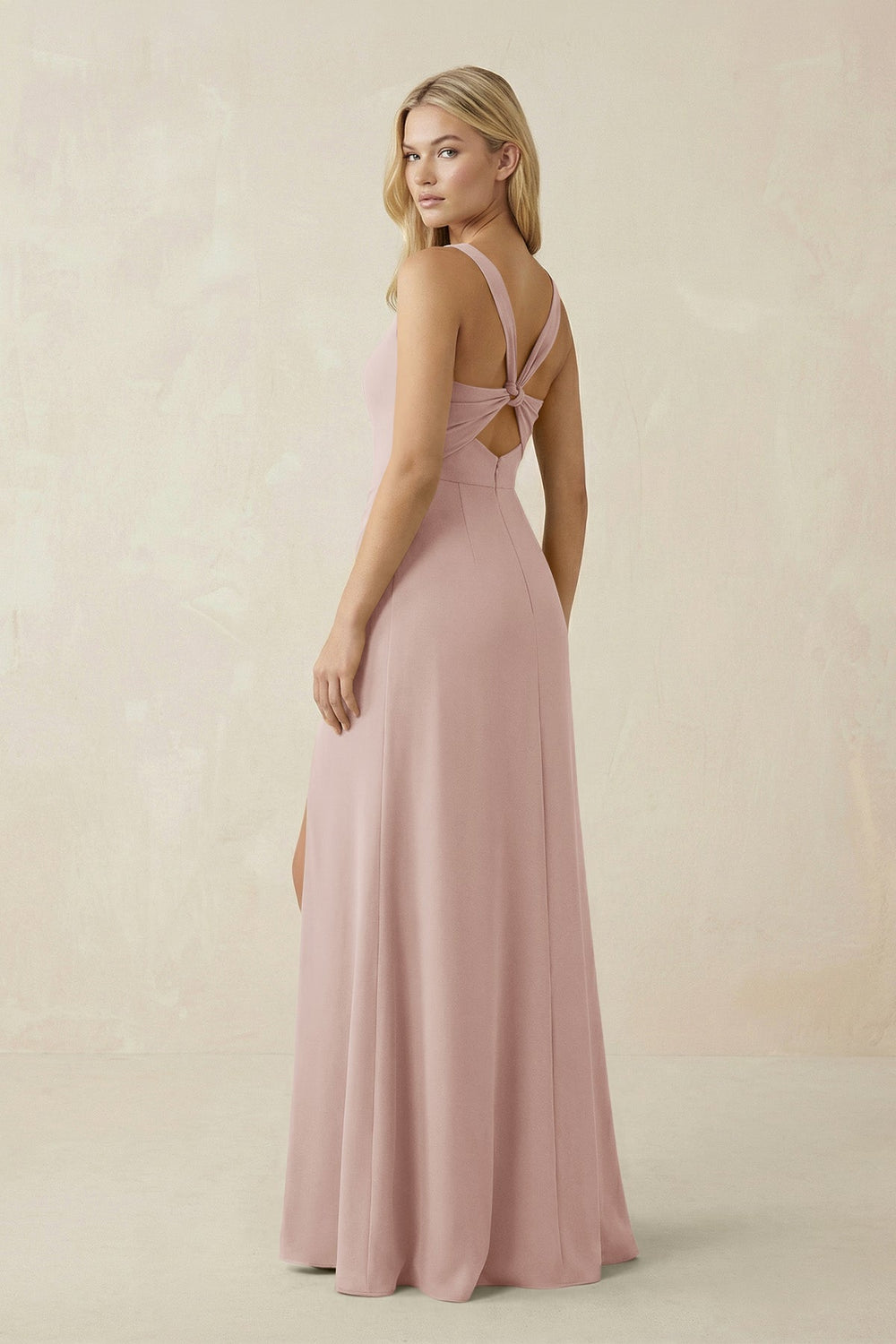Square Neck Ruched Sheath Satin Bridesmaid Dress in Pale Blush - KissProm Bridesmaid Dresses