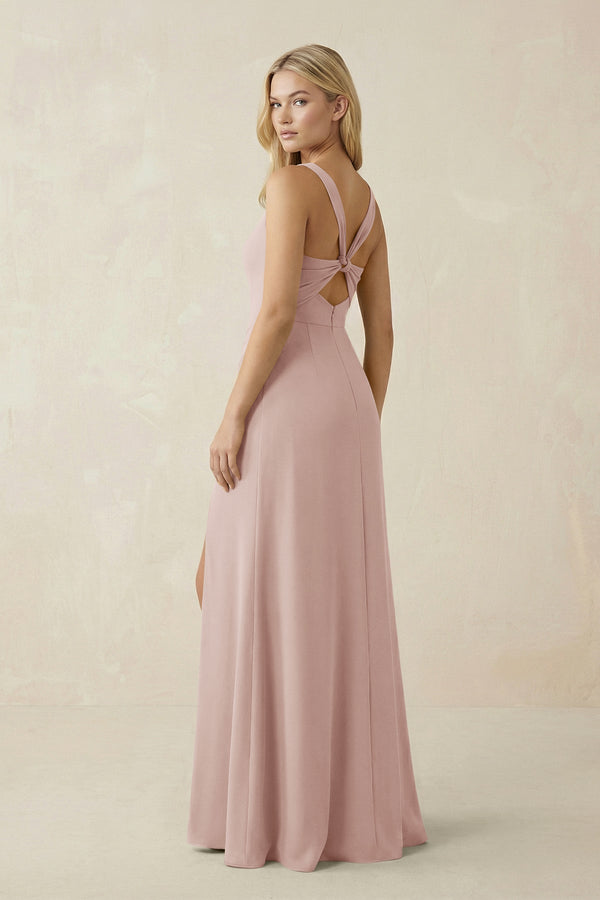 Square Neck Ruched Sheath Satin Bridesmaid Dress in Pale Blush - KissProm Bridesmaid Dresses