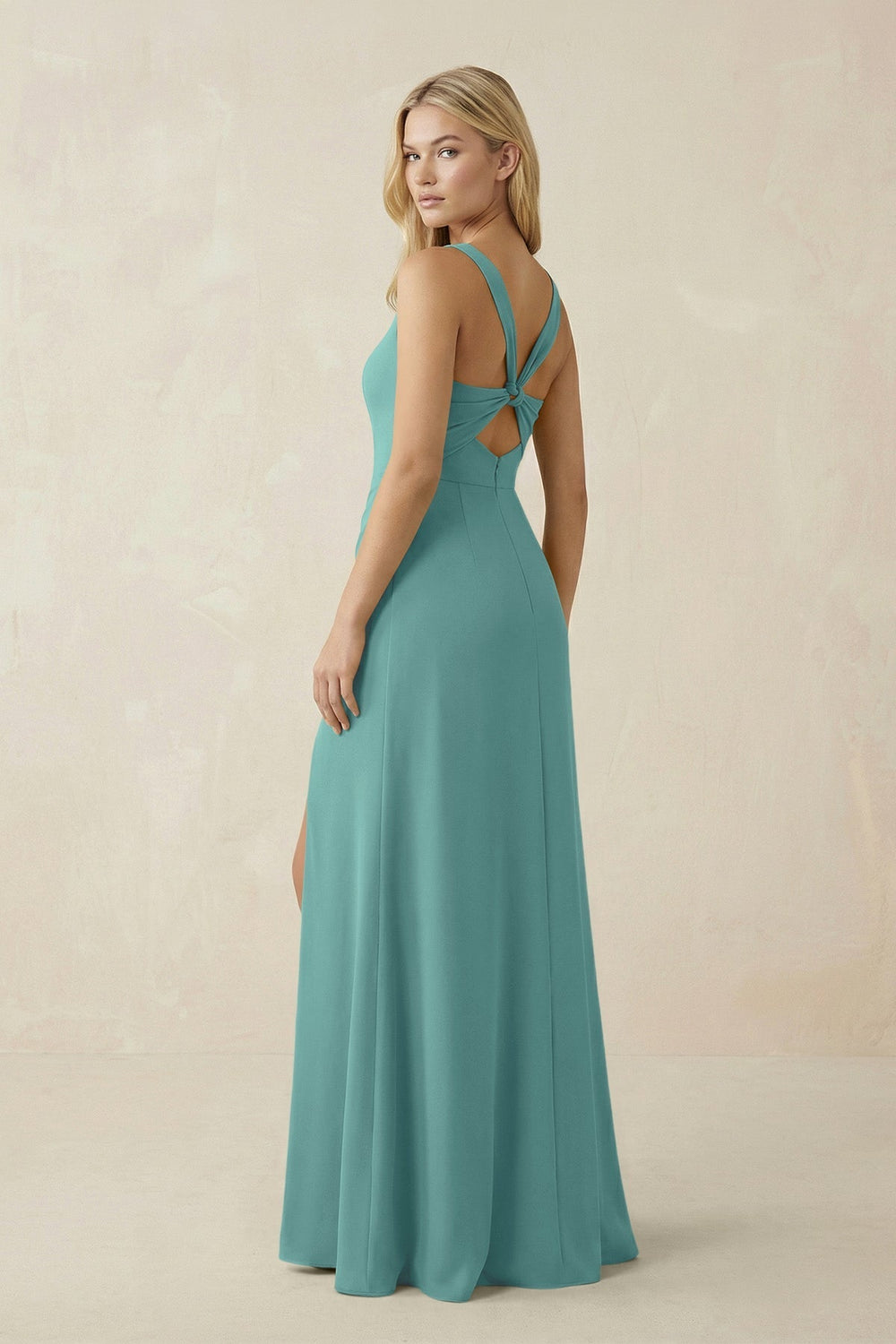 Square Neck Ruched Sheath Satin Bridesmaid Dress in Pale Pistachio - KissProm Bridesmaid Dresses