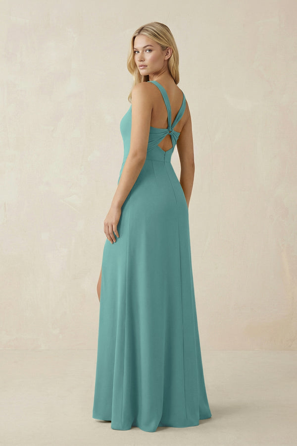 Square Neck Ruched Sheath Satin Bridesmaid Dress in Pale Pistachio - KissProm Bridesmaid Dresses
