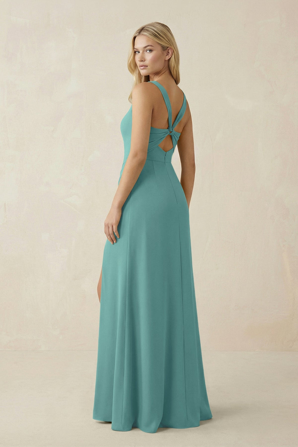 Square Neck Ruched Sheath Satin Bridesmaid Dress in Pale Pistachio - KissProm Bridesmaid Dresses