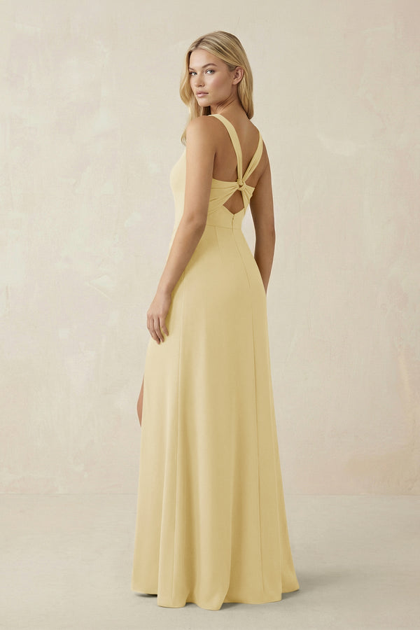 Square Neck Ruched Sheath Satin Bridesmaid Dress in Pastel Yellow - KissProm Bridesmaid Dresses