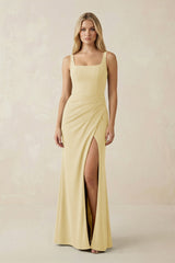 Square Neck Ruched Sheath Satin Bridesmaid Dress in Pastel Yellow - KissProm Bridesmaid Dresses