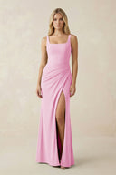 Square Neck Ruched Sheath Satin Bridesmaid Dress in Pink - KissProm Bridesmaid Dresses