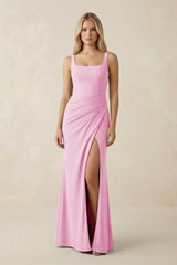 Square Neck Ruched Sheath Satin Bridesmaid Dress in Pink - KissProm Bridesmaid Dresses