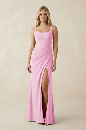 Square Neck Ruched Sheath Satin Bridesmaid Dress in Pink - KissProm Bridesmaid Dresses