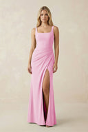 Square Neck Ruched Sheath Satin Bridesmaid Dress in Pink - KissProm Bridesmaid Dresses