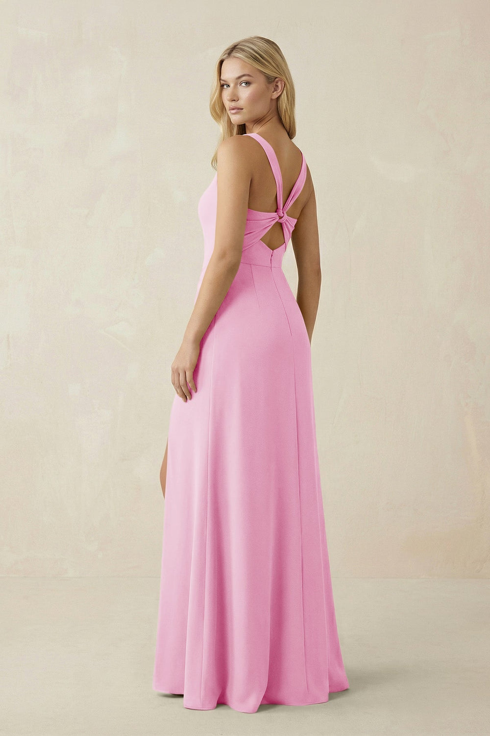 Square Neck Ruched Sheath Satin Bridesmaid Dress in Pink - KissProm Bridesmaid Dresses