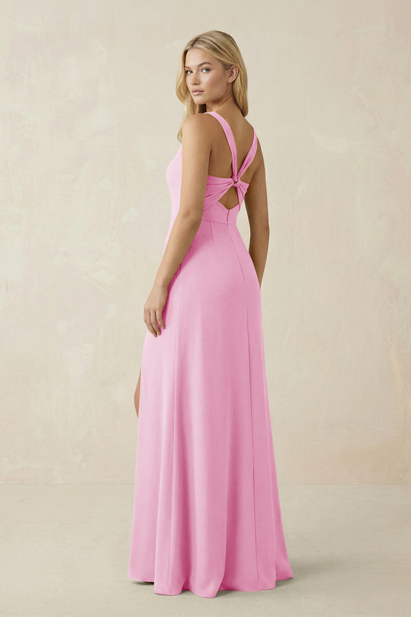 Square Neck Ruched Sheath Satin Bridesmaid Dress in Pink - KissProm Bridesmaid Dresses