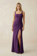 Square Neck Ruched Sheath Satin Bridesmaid Dress in Plum - KissProm Bridesmaid Dresses