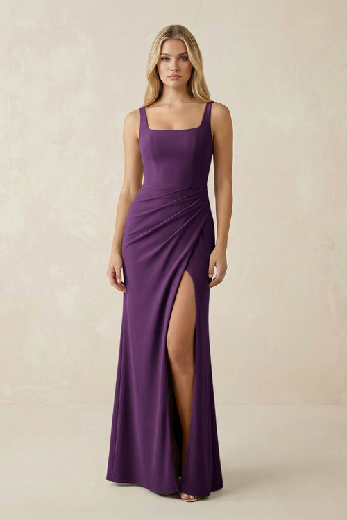 Square Neck Ruched Sheath Satin Bridesmaid Dress in Plum - KissProm Bridesmaid Dresses