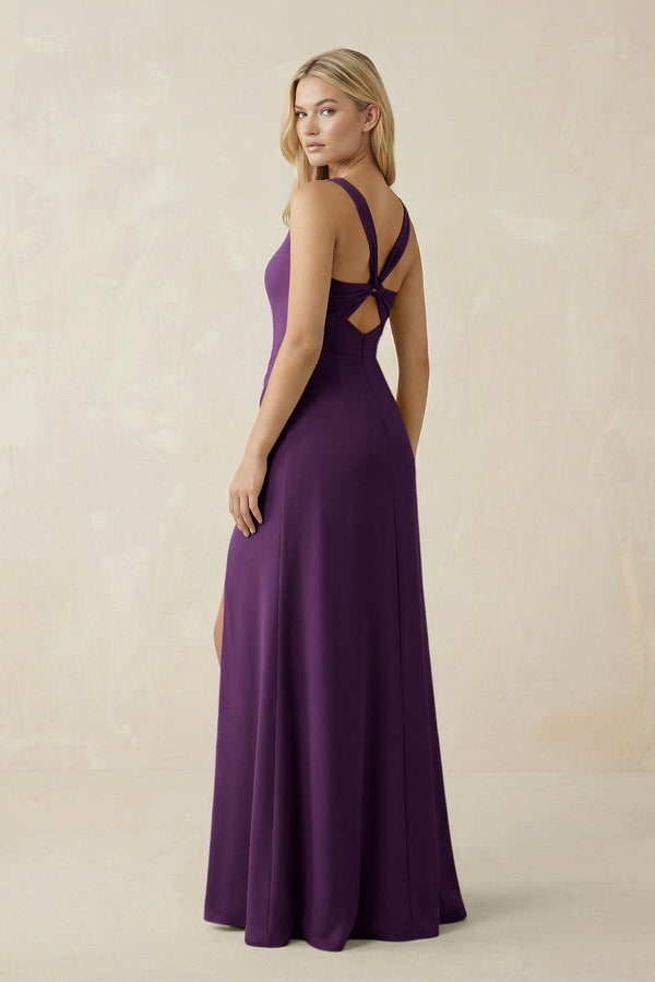 Square Neck Ruched Sheath Satin Bridesmaid Dress in Plum - KissProm Bridesmaid Dresses