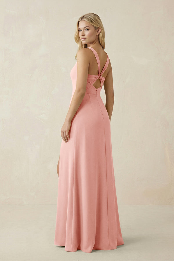 Square Neck Ruched Sheath Satin Bridesmaid Dress in Rose Petal - KissProm Bridesmaid Dresses