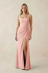 Square Neck Ruched Sheath Satin Bridesmaid Dress in Rose Petal - KissProm Bridesmaid Dresses